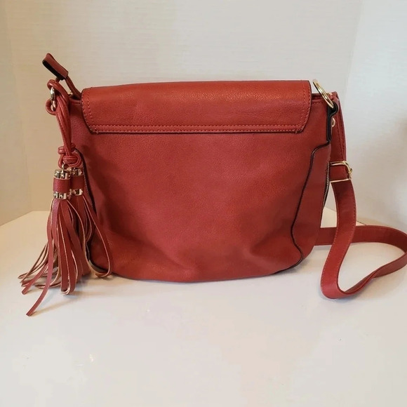 Cleo Orange/Brown Fold-Over Tassel Saddle Bag/Crossbody Medium Bag. - Picture 2 of 11